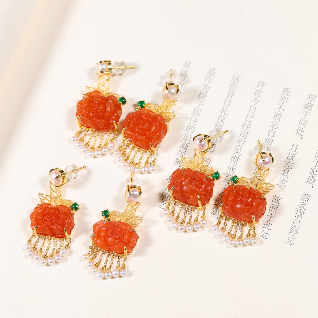 【佳期】原创新中式国风珠宝s925银镶南红牡丹流苏耳饰 多样性发一