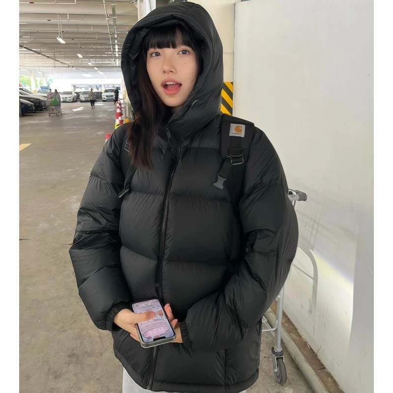 【万达撤柜】黑色羽绒棉服女短款2025年冬季新款韩版情侣连帽宽松