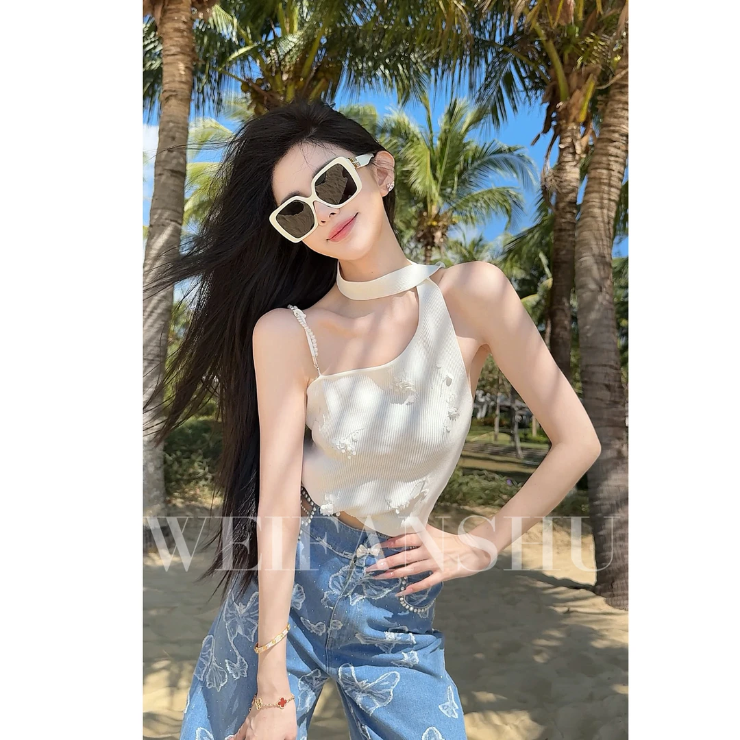 WEIFANSHU/魏凡舒【高街配方】春夏新款设计感修身百搭斜肩针织背心