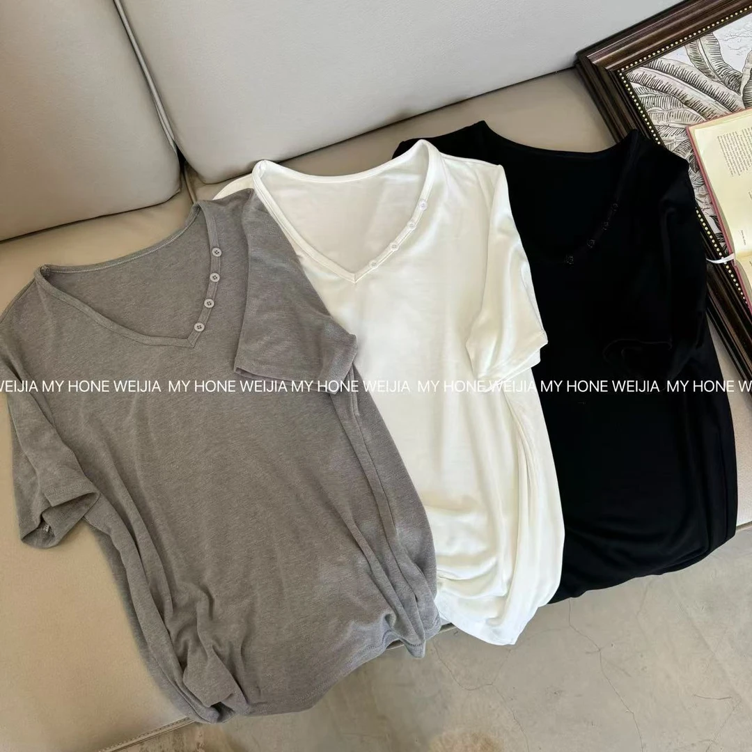 【WJ】春款 25222  三色V领简约纽扣短袖上衣（3-6）欧若风