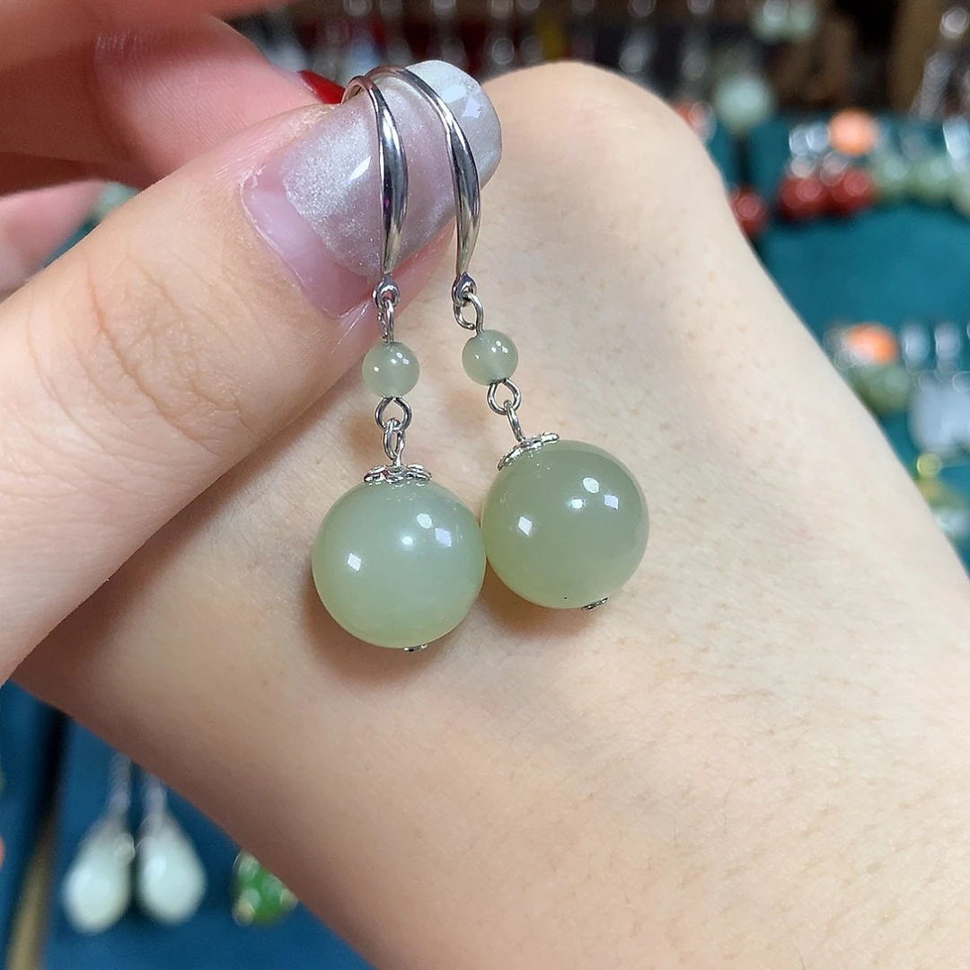 和田玉银S925镶嵌耳饰天然青海料卡12mm左右