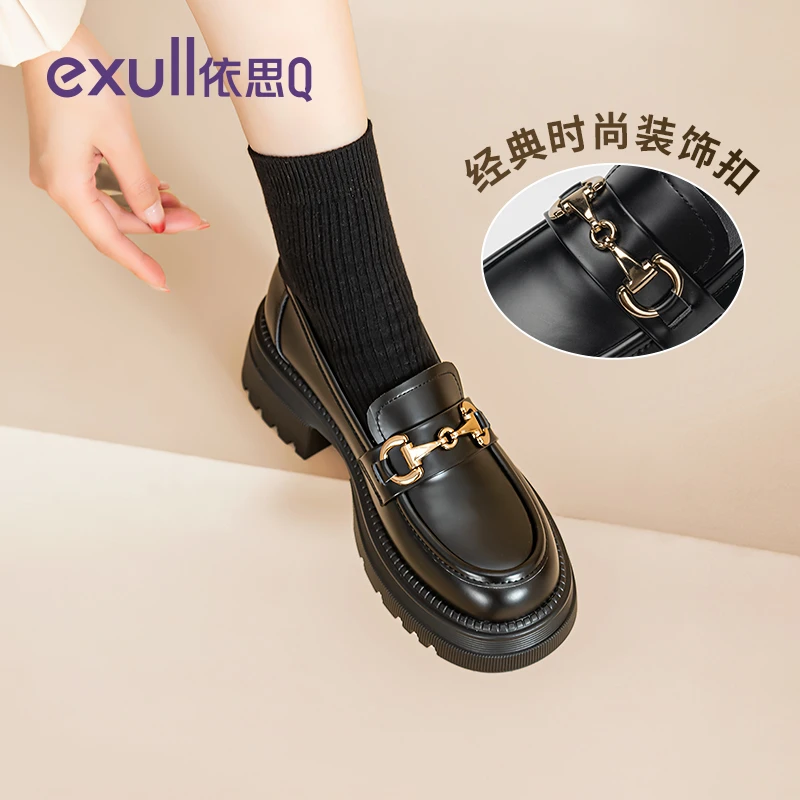 依思q粗跟厚底乐福鞋女款2025秋季新款英伦风小皮鞋增高黑色鞋子