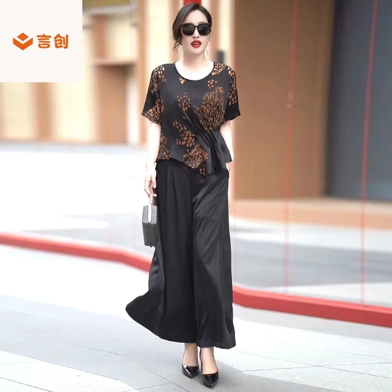 401复古大码圆领短袖T恤女夏2025不规则醋酸真丝衬衫宽松百搭上衣