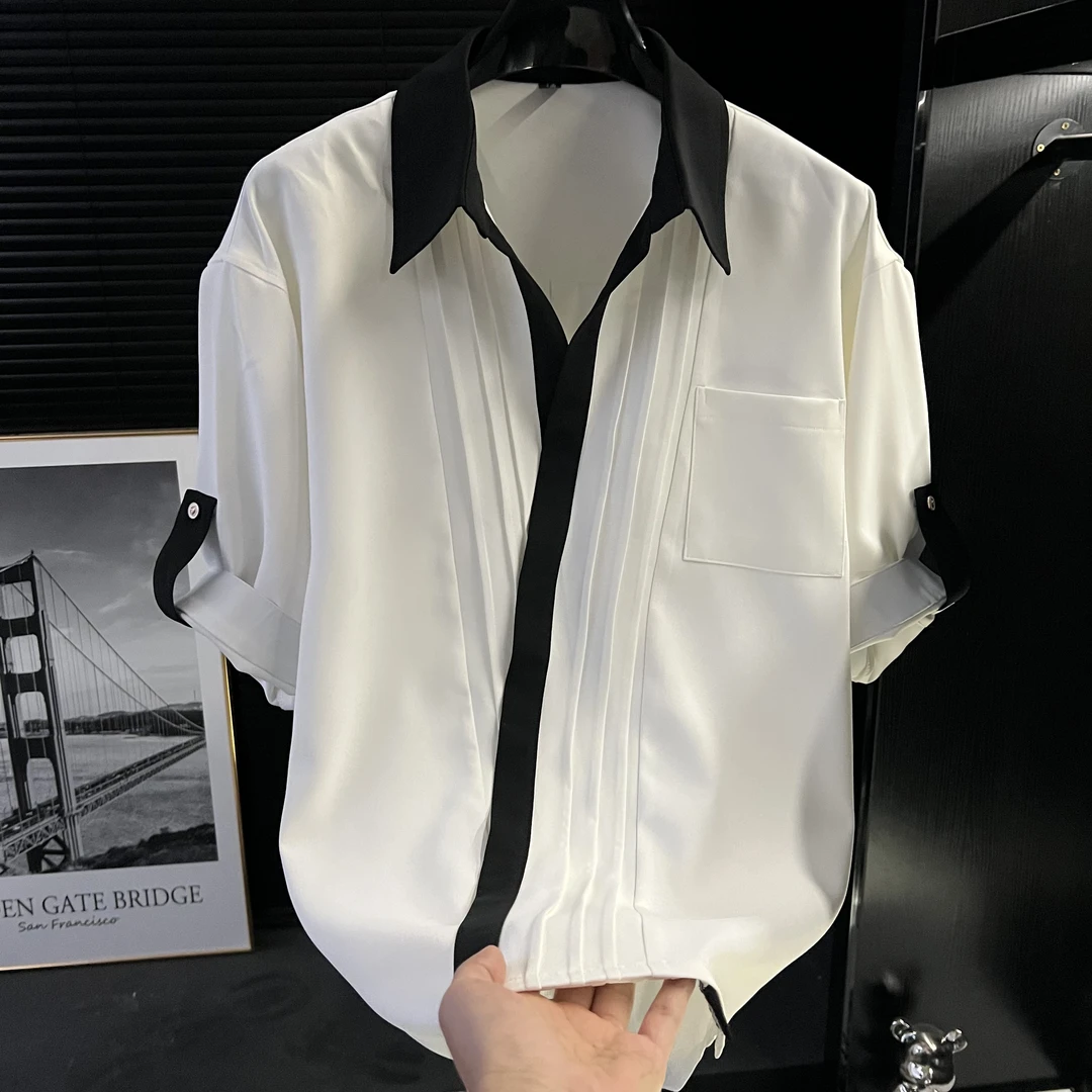 H-夏季新款时尚百搭衬衣免烫拼接衬衫男士中袖潮流百搭休闲开衫