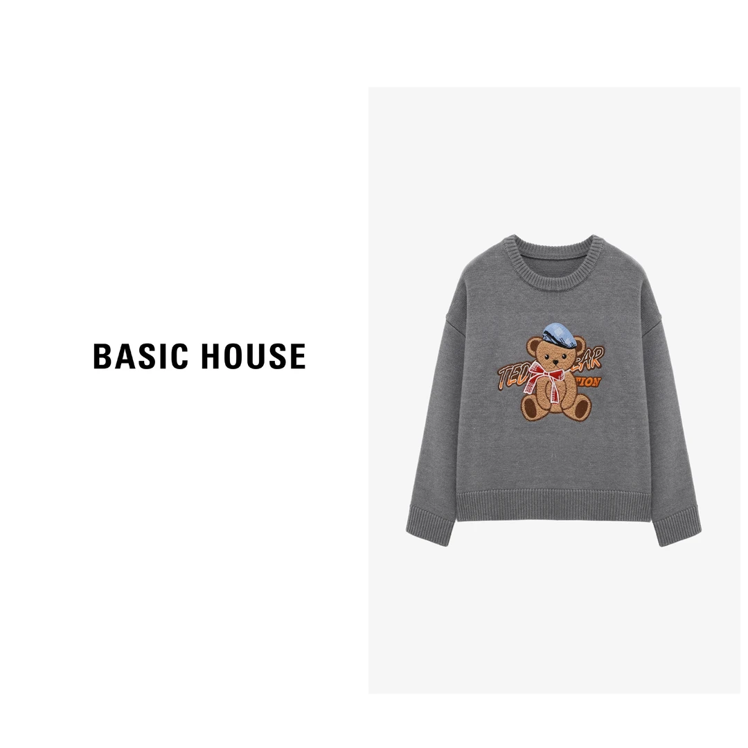 Basic House/百家好秋冬时尚百搭小熊印花圆领毛衣-B06245C2882