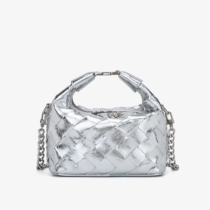 【老佛爷专属】新款银色编织手提单肩斜挎包女百搭