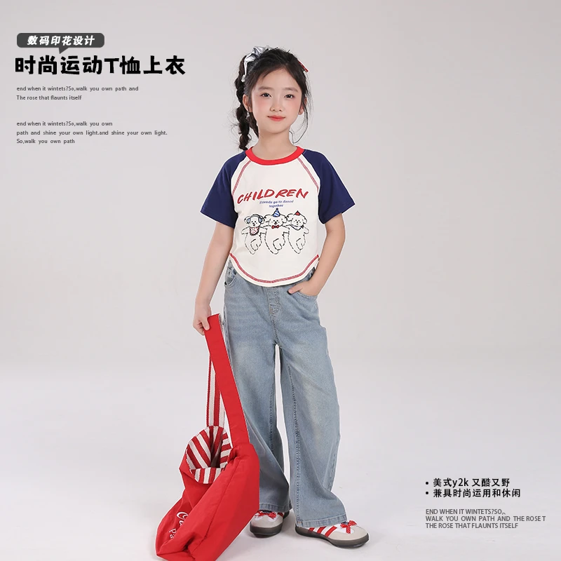 82124D女童短袖T恤可爱拼接衣服裤子2025夏季新款洋气插肩袖上衣