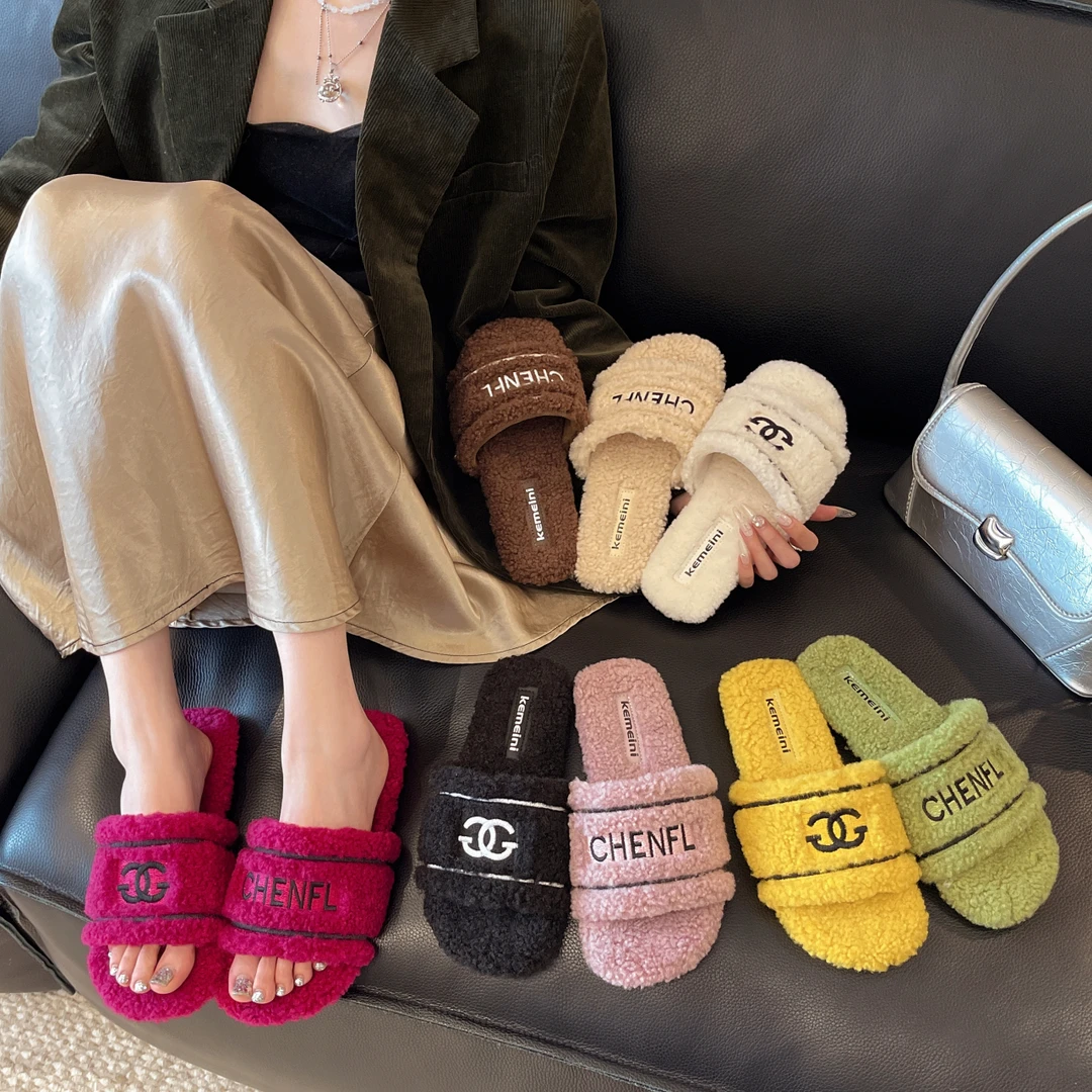 安哥拉糖果色鸳鸯拼色字母一字毛拖鞋女外穿韩版时尚百搭网红舒适