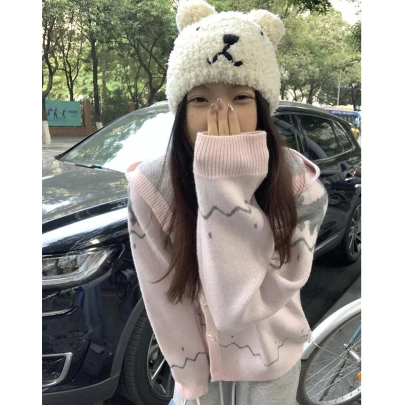 学院风气质提花连帽开衫毛衣女秋冬季韩版宽松减龄针织衫外套上衣