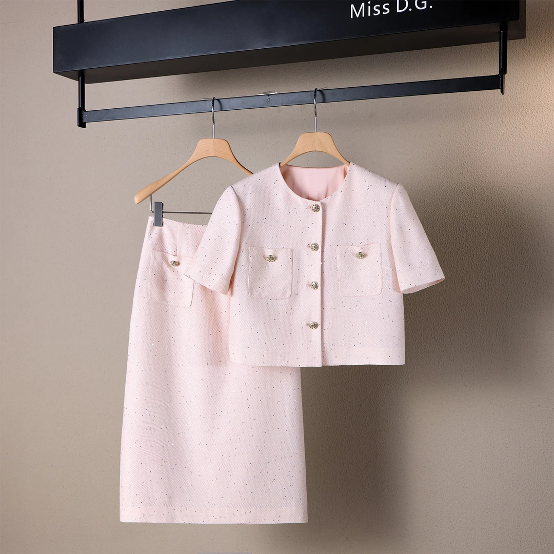 MissD.G.夏季甜美醋酸麻料减龄薄款小香风短袖长裙套装X-ZB556