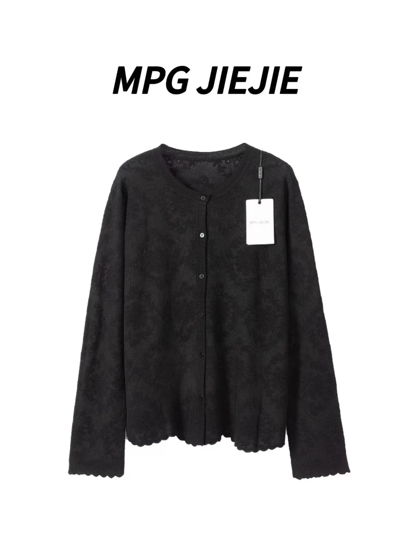 MPG JIEJIE【织语】大码早秋正肩刺绣蕾丝长袖针织衫