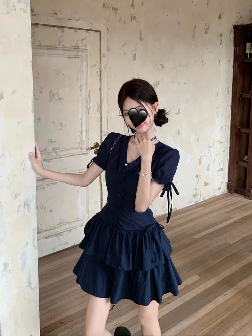 【丸子家】大码纯欲森系花边v领短袖系带A字蛋糕裙6500短6501长