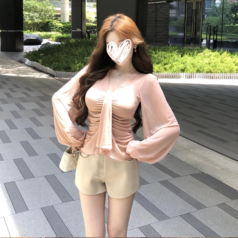 温柔风粉色抽褶飘带长袖T恤女装秋季修身显瘦独特漂亮性感小上衣
