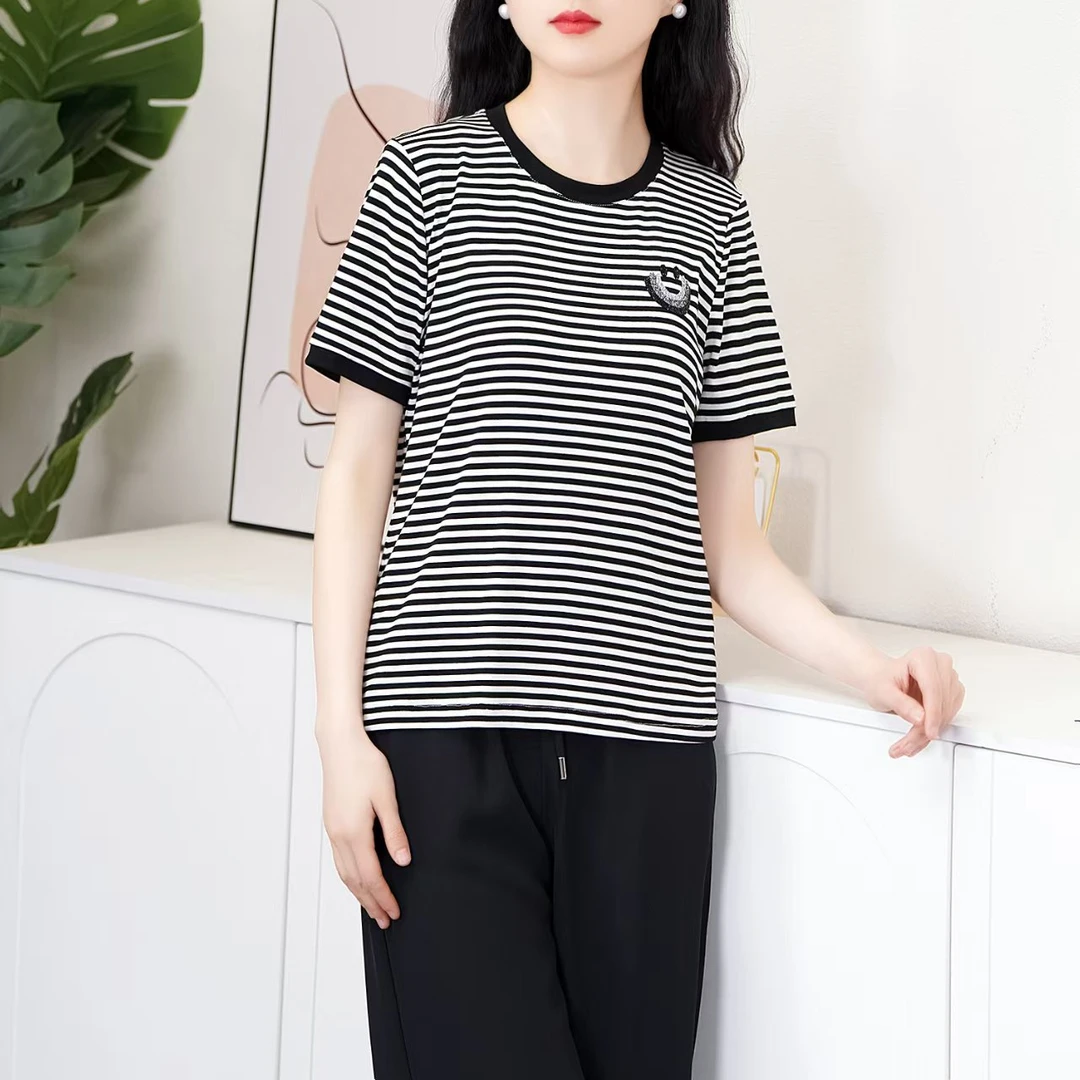 韩国女装圆领纯条纹T恤百搭2025新款夏季宽松藏肉显瘦上衣