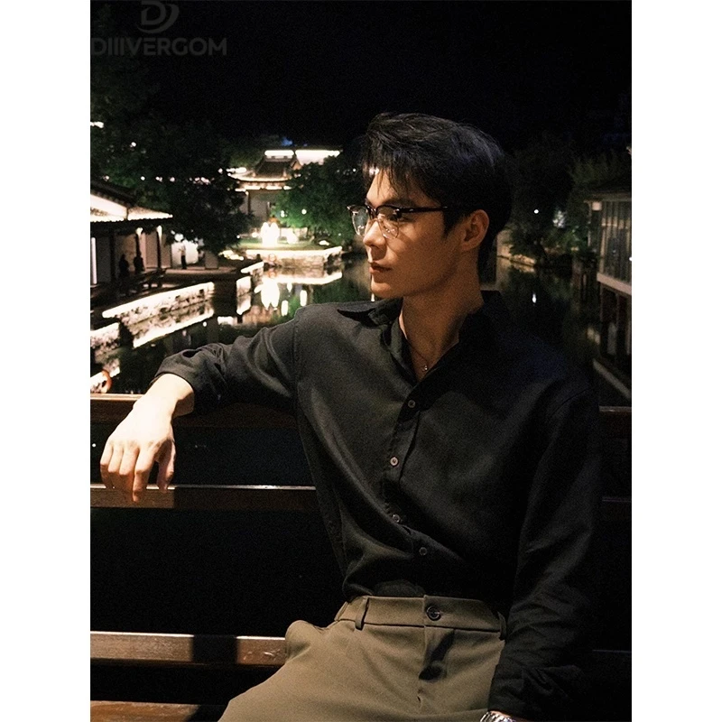 人夫感雅痞风黑色正肩长袖衬衫男高级感痞帅修身上衣内搭西装