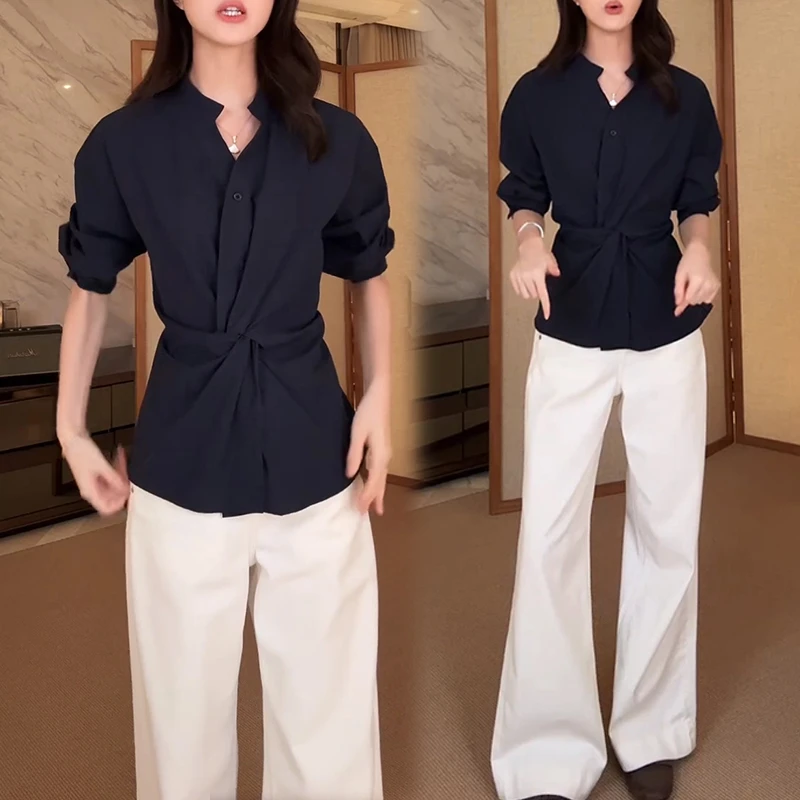小众炸街高级感套装女2025春秋新款扭结收腰长袖衬衫阔腿裤两件套