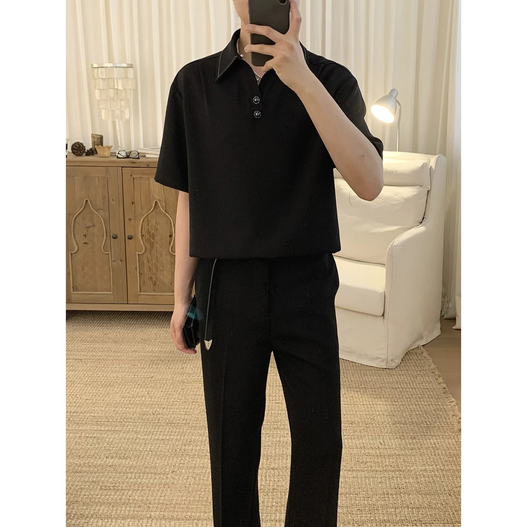 阿茶与阿古黑色明线短袖衬衫男款夏季宝石扣设计宽松衬衣A2504602