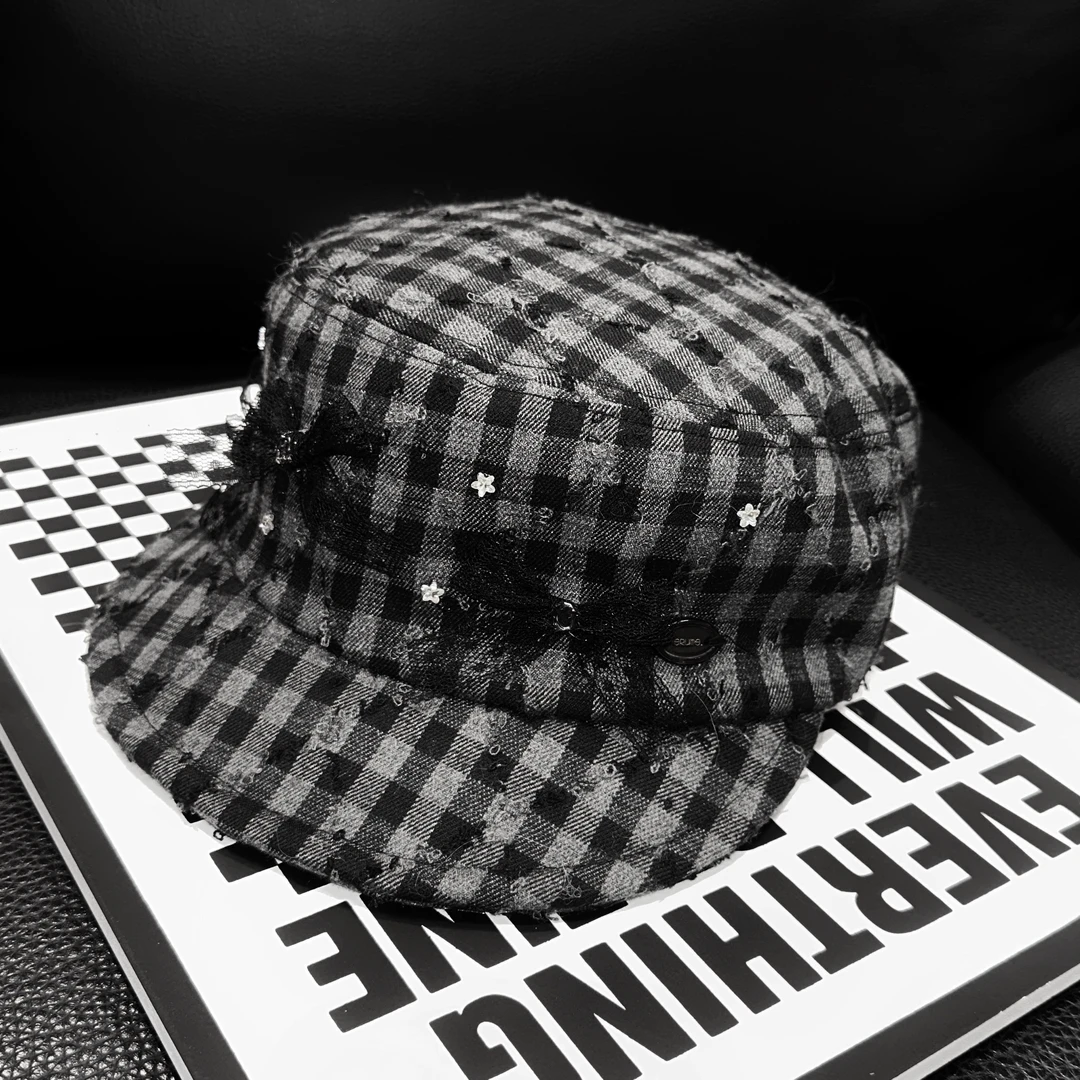 黑白色千鸟格帽子优雅气质帽子女可爱ins风F181