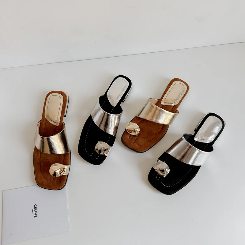 Sheriley77小众百搭金色套趾一字拖鞋女外穿低跟显瘦舒适浅口凉鞋
