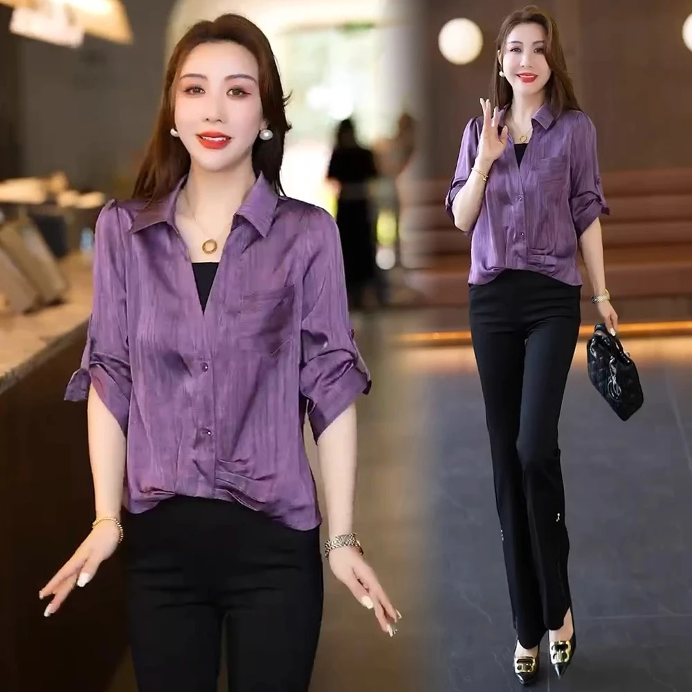 百搭小个子七分袖上衣2025夏季新款假两件衬衫女时尚洋气宽松显瘦
