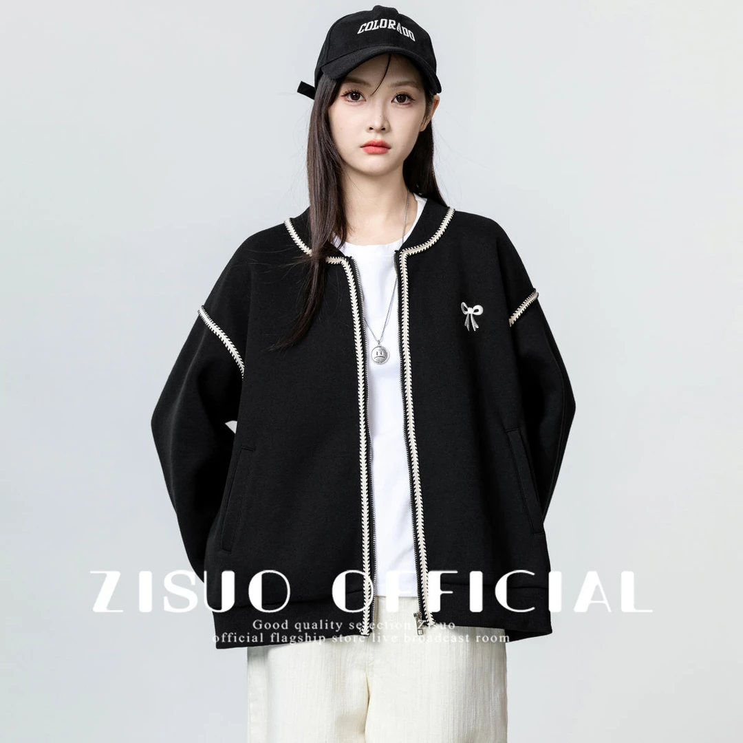 美式黑色棒球服外套女2025春秋季新款宽松百搭拉链开衫夹克上衣潮