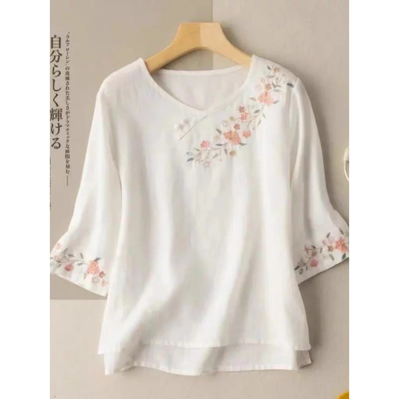 【现货+退换包邮】文艺风刺绣茶服复古盘扣七分袖棉麻绣花上衣347