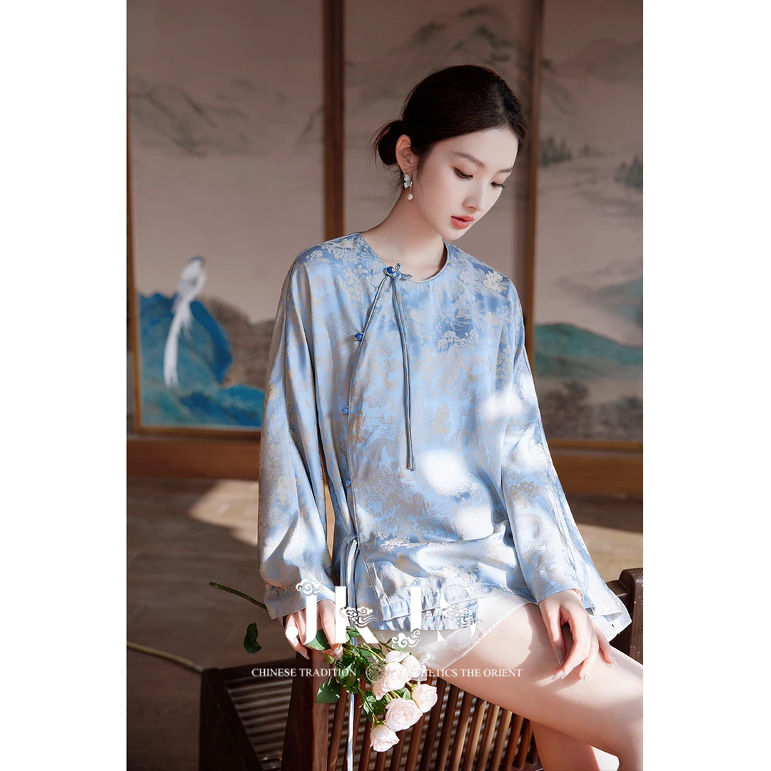 【JKJS】人丝提花 新中式斜门襟手工盘扣衬衫外套女高级感上衣