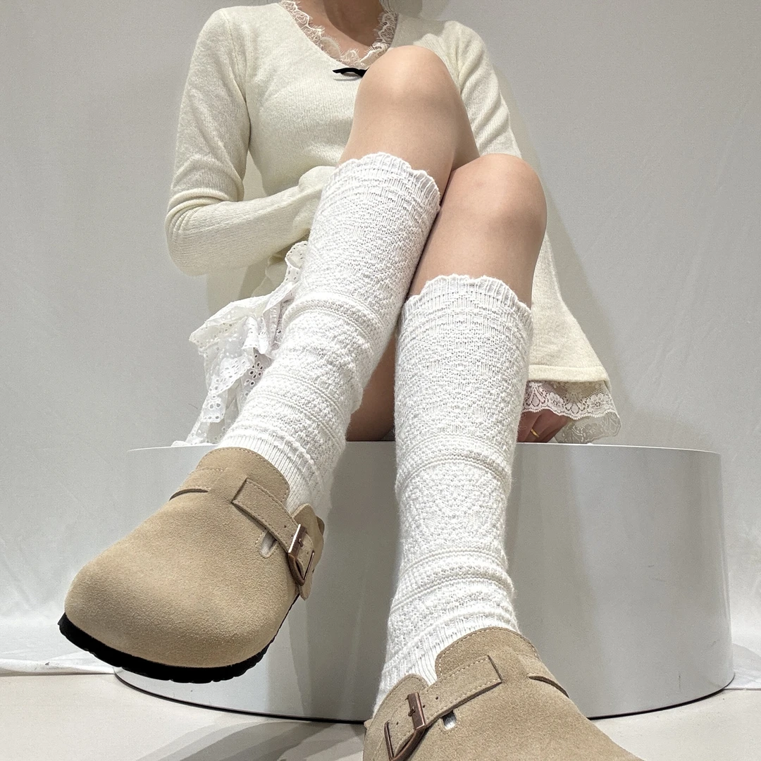 秋冬新款木耳边镂空针织甜美少女百搭堆堆中筒小腿袜袜子女袜白色