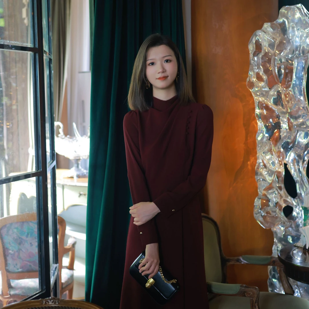 ANGELIAORIGINAL白月朱砂 荡领气质法式轻奢显瘦秋冬连衣裙#745