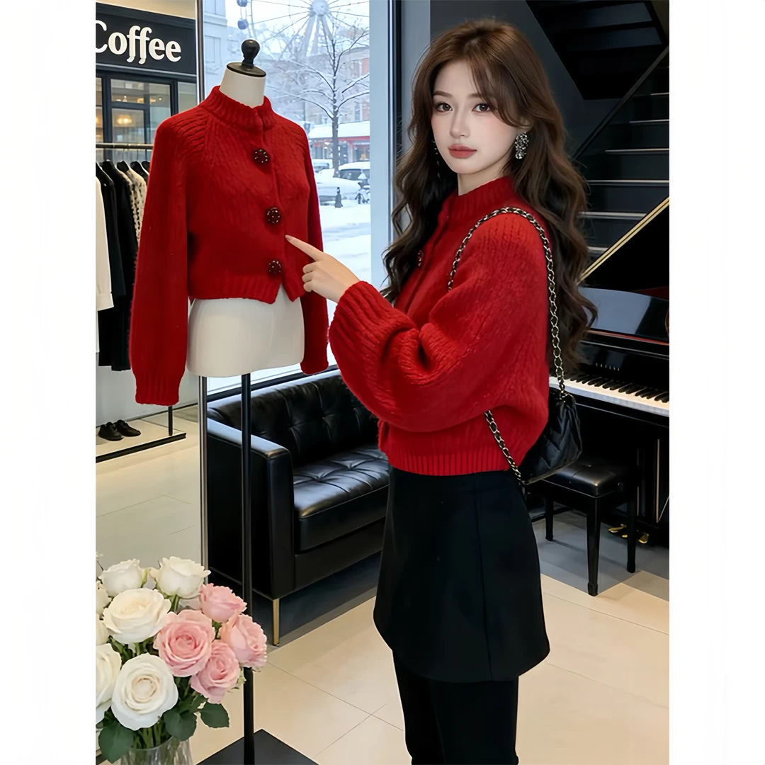 霖优【云端花现】圣诞穿搭小香风上衣外套女秋冬老钱风新年红针织衫