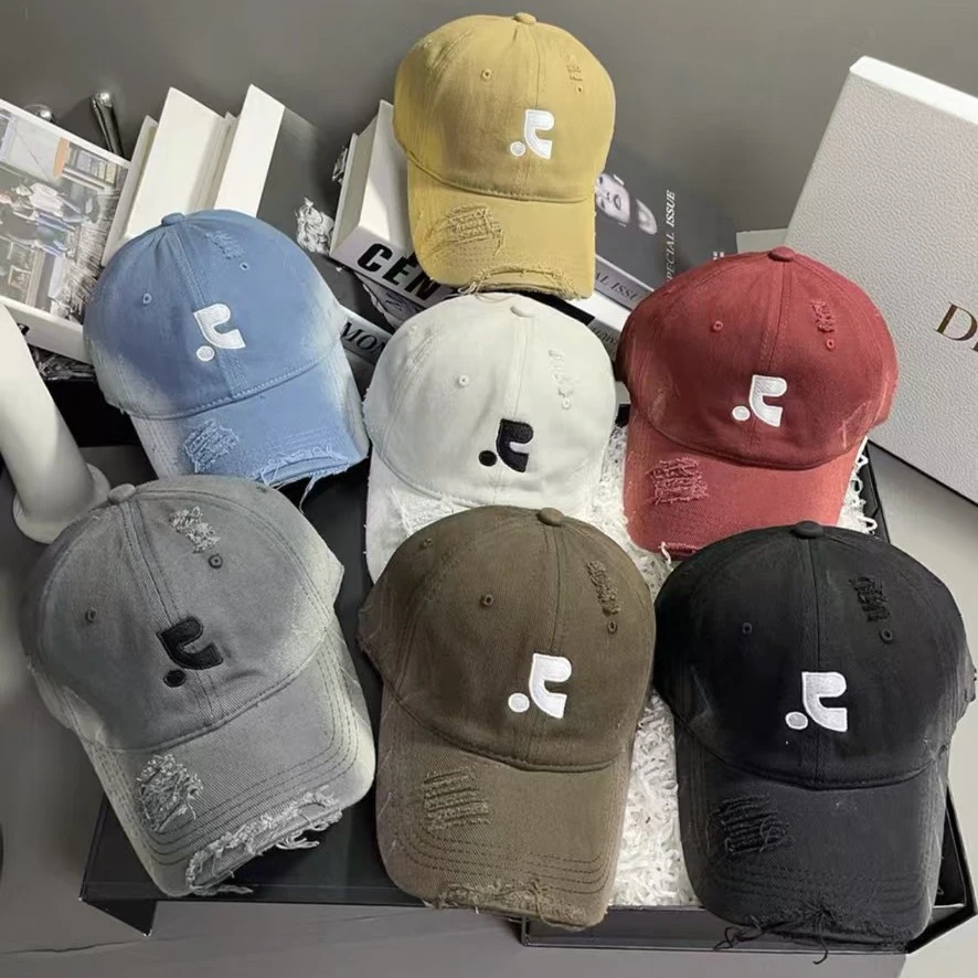 美式球帽子女夏做旧破洞字母刺绣大头围显脸小鸭舌帽潮