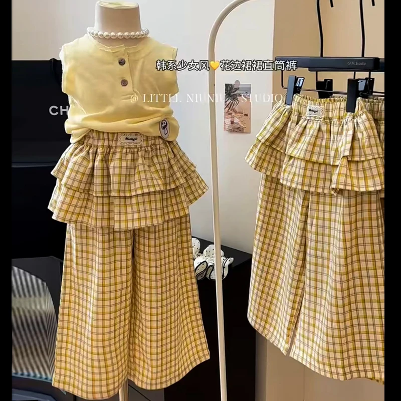 女童背心套装2025夏装儿童韩版格子屁帘阔腿裤两件套女宝洋气时髦