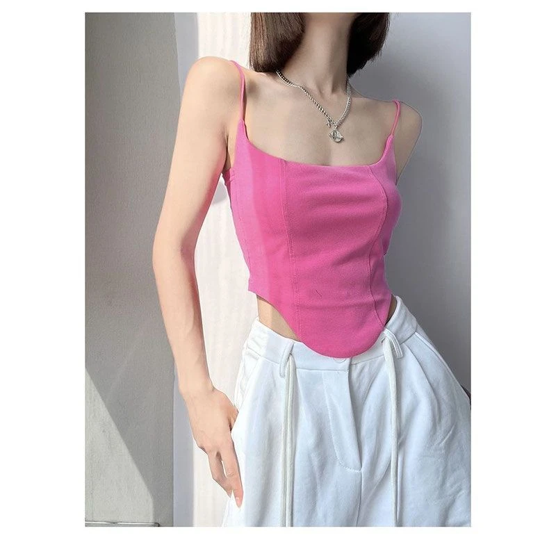 带胸垫吊带背心女纯欲辣妹风紧身短款不规则内搭方领气质无袖上衣
