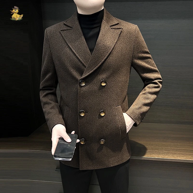 毛呢大衣男士冬季加厚英伦风2025新款双排扣商务短款呢子西装外套