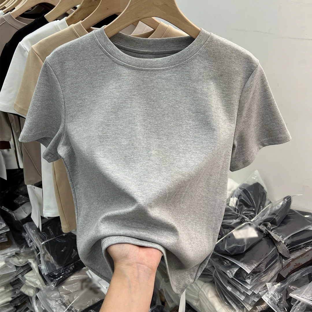 2025新款正肩短袖t恤女打底小衫漂亮时尚圆领显瘦夏季微胖小个子