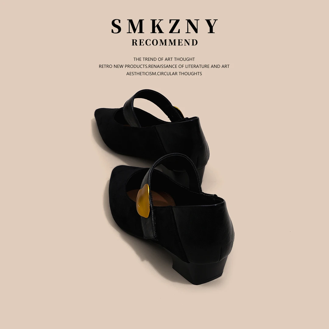 法式复古玛丽珍单鞋女尖头秋季女鞋百搭时尚金属扣浅口中跟小皮鞋