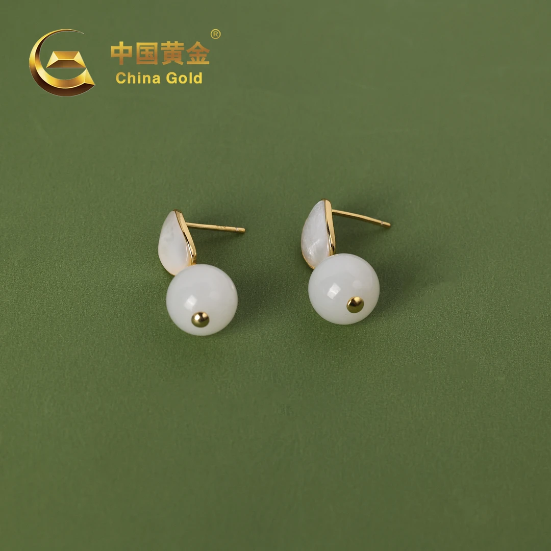 【中国黄金】S925银和田玉白玉圆珠耳环-R612-华