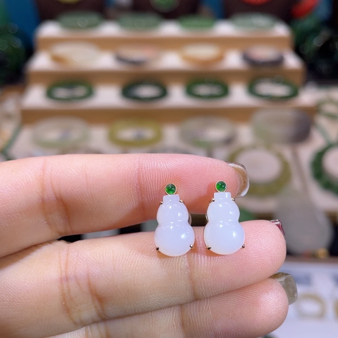 和田玉高品18Ｋ白玉耳钉18K金镶嵌