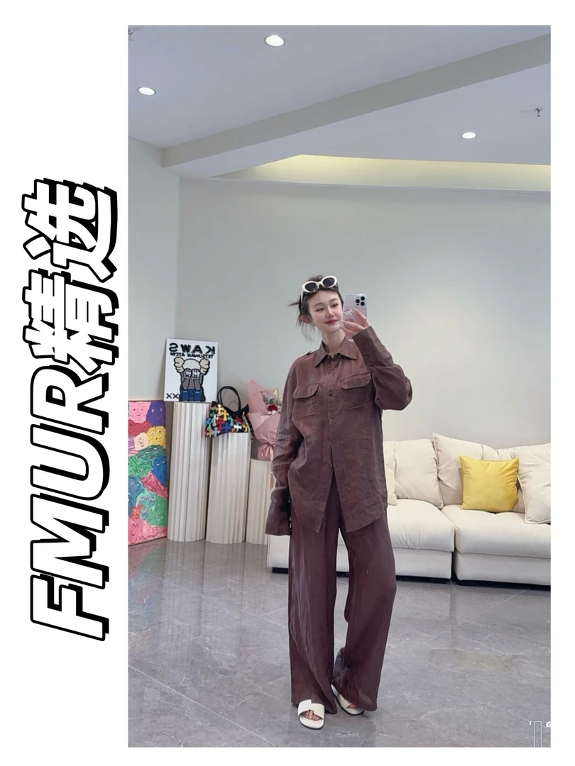 FMUR【8064】新款松弛感慵懒风百搭休闲净版百苎麻长袖上衣长裤套装