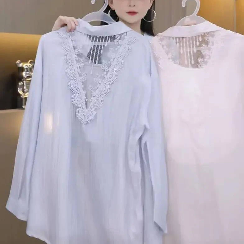 法式性感后背镂空蕾丝拼接长袖衬衫女2025年春夏新款宽松显瘦上衣