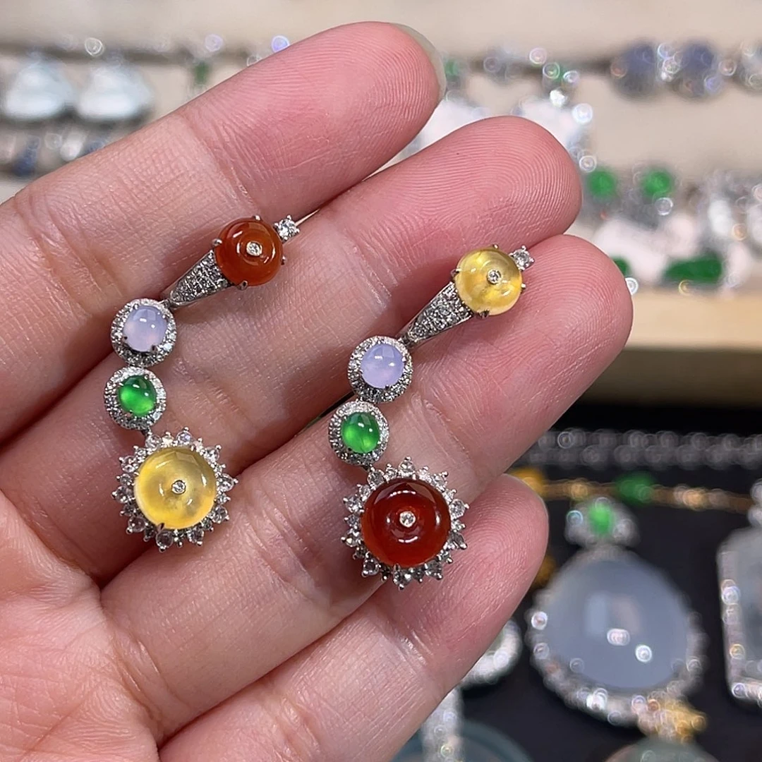 翡翠18K金镶嵌耳饰多彩