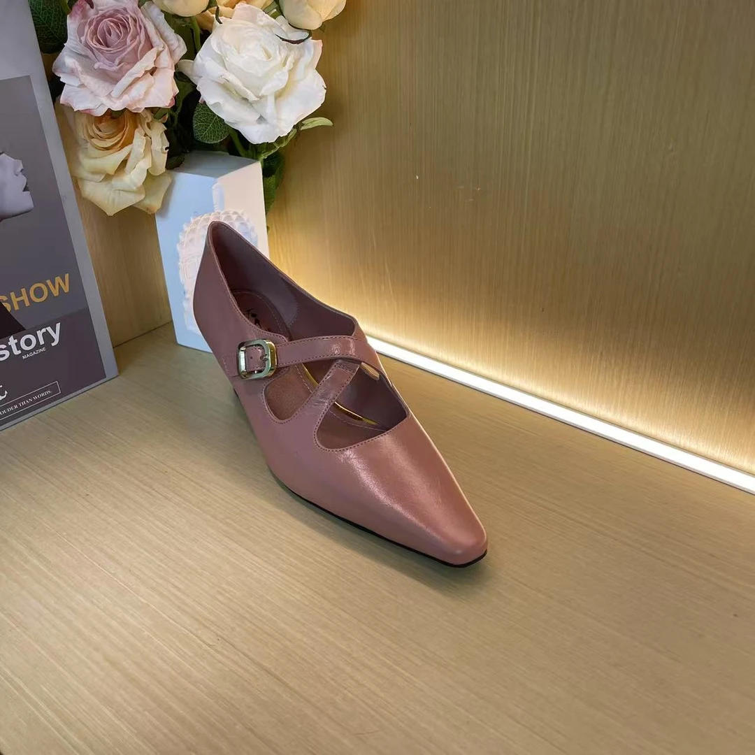 1054【蝉鸣】粉色时尚春夏新款气质小尖头休闲交叉带中跟单鞋C【4CM】