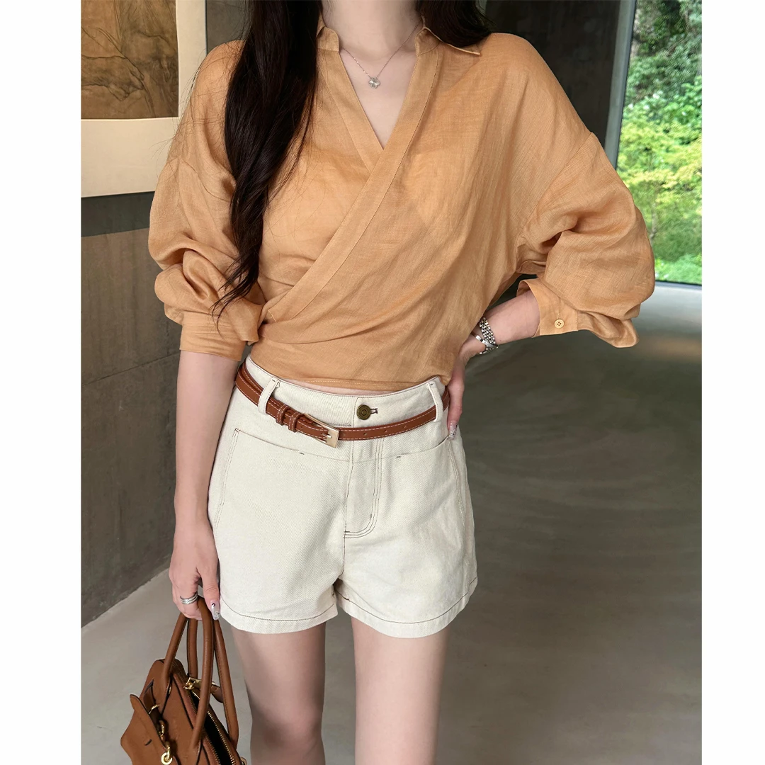 韩版设计感交叉灯笼袖衬衫女款2025夏季新款洋气百搭显瘦收腰上衣