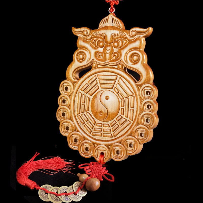 桃木兽头八卦镜虎头镜挂件厕所卫生间对大门卧室厨房桃木雕刻摆件