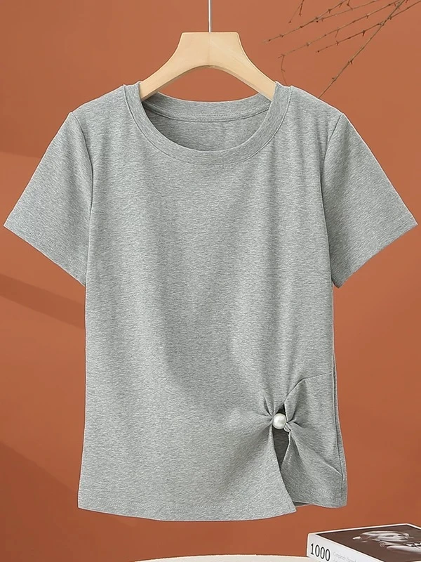 7106短袖圆领T恤简约设计感上衣小众短袖左下角珍珠设计感