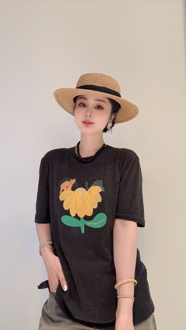 FANYE 印花少女风植物花卉显瘦休闲春日慢人风大版T恤25356