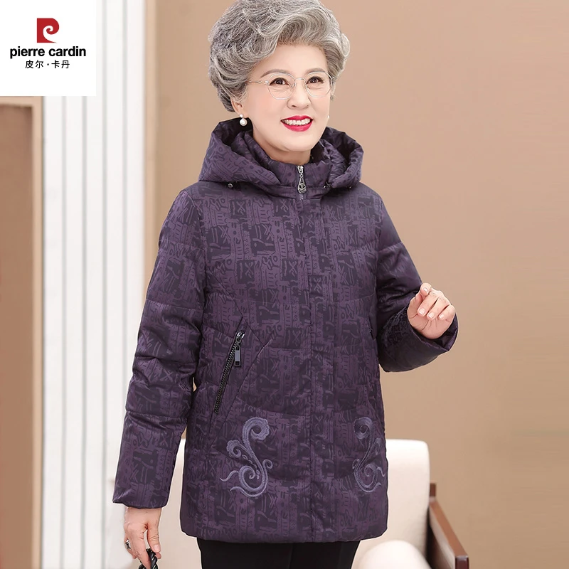 皮尔卡丹老年人冬装女奶奶羽绒服妈妈款白鸭羽绒外套中长款老太太