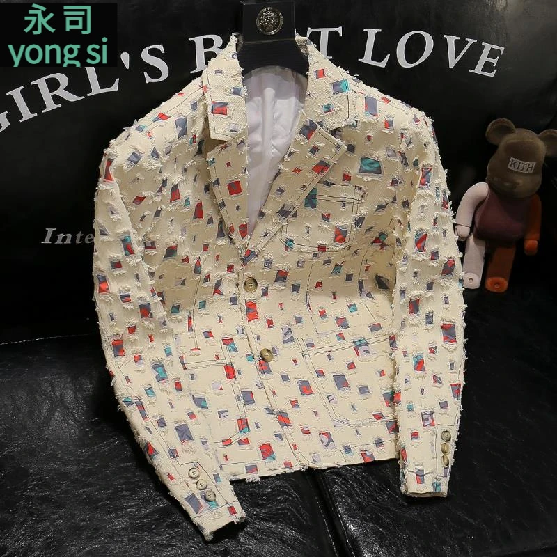 2025春秋新款韩版男士彩虹破洞补丁西装设计感复古修身西服外套潮