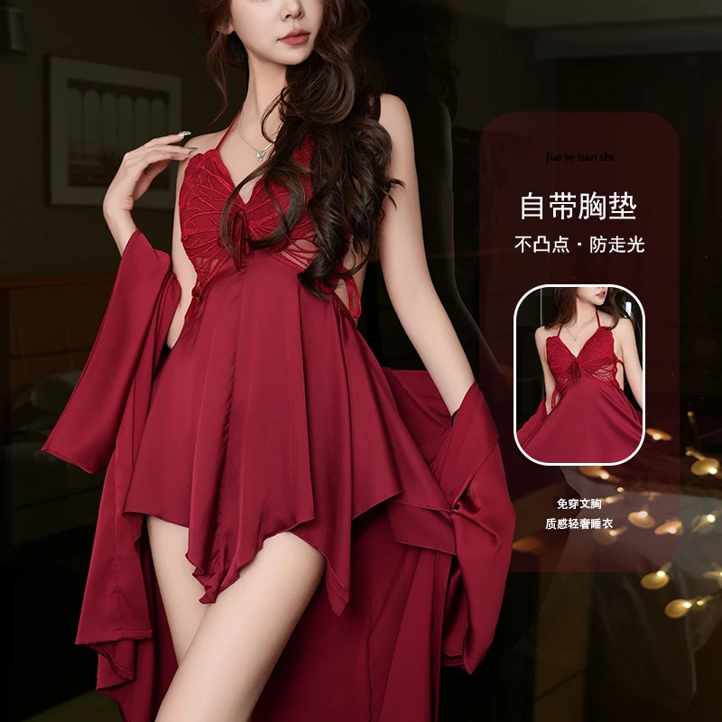 【燕尾蝶】（80-180斤）爵色天使高级缎面睡裙带胸垫性感美背新款睡衣