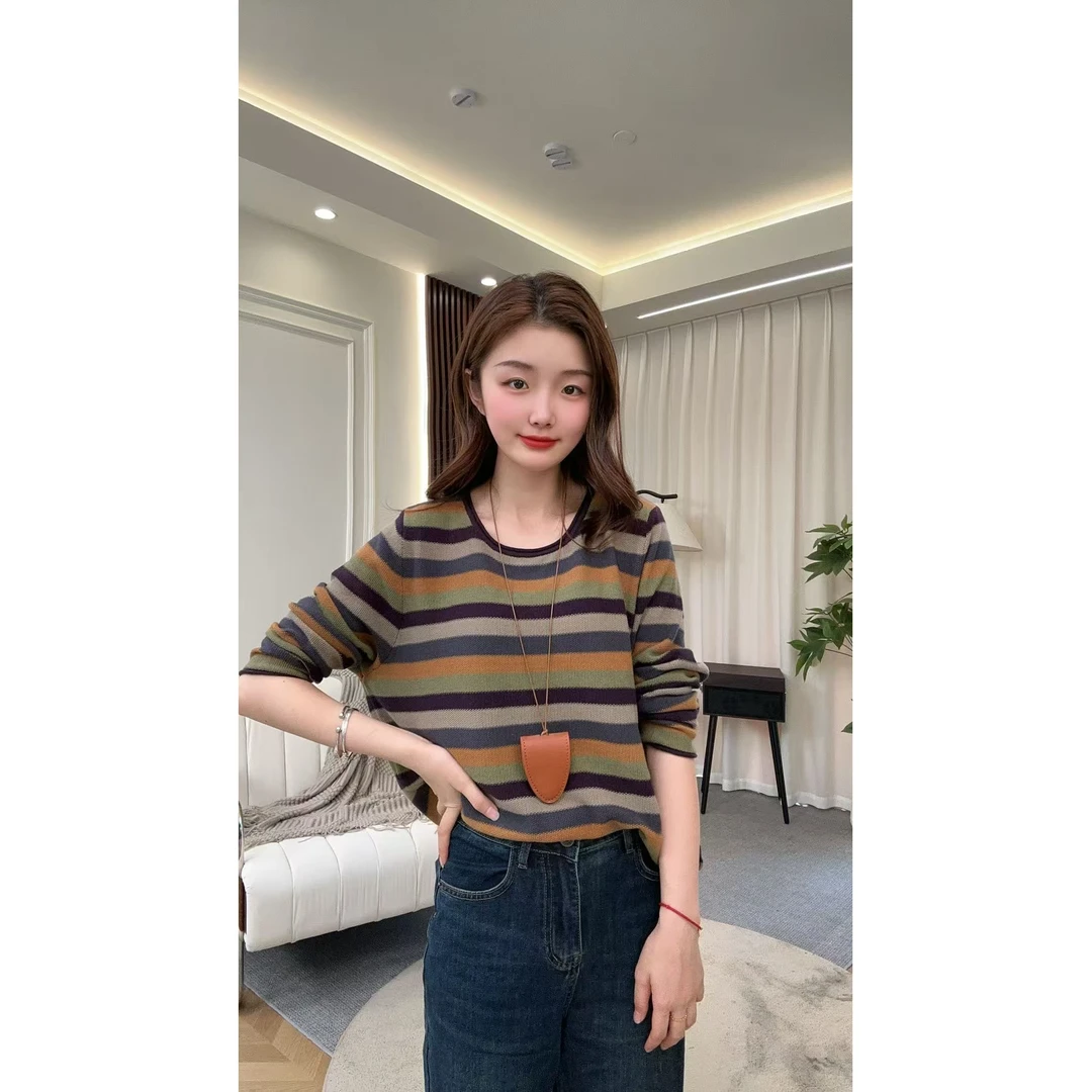 HMY5090201 2025秋季新款时尚复古彩色条纹圆领针织衫